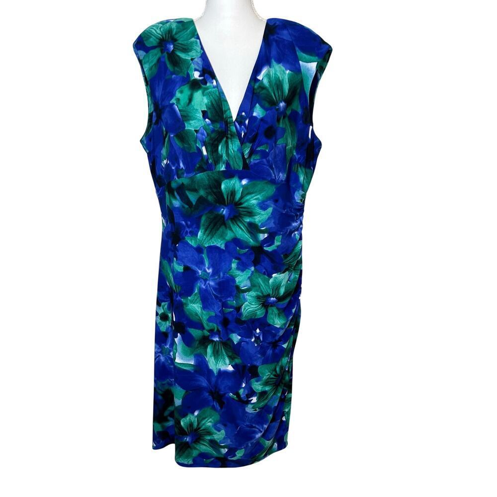 Lauren Ralph Lauren sleeveless v-neck blue green floral jersey sheath dress 18